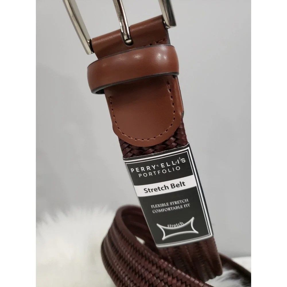 NEW Perry Ellis Portfolio Men's Stretch Braided Belt Brown Size MEDIUM prep golf